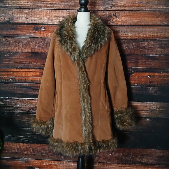 Wilsons Leather Pelle Studio Coat XL Brown Suede Faux Fur Trim Penny Lane - Picture 2 of 13